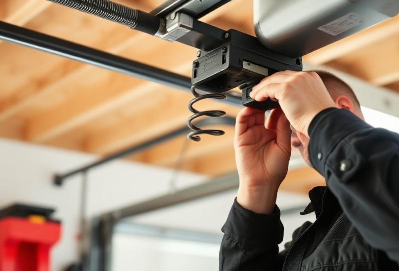 Technician adjusting garage door spring balance mechanism