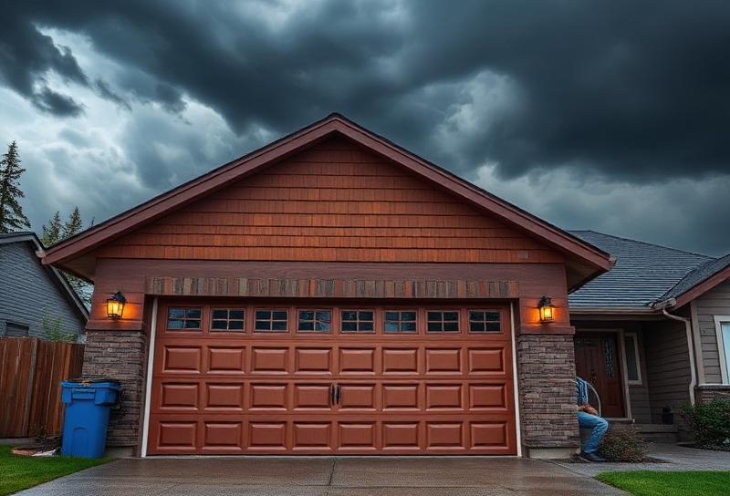 Garage door with storm clouds in background